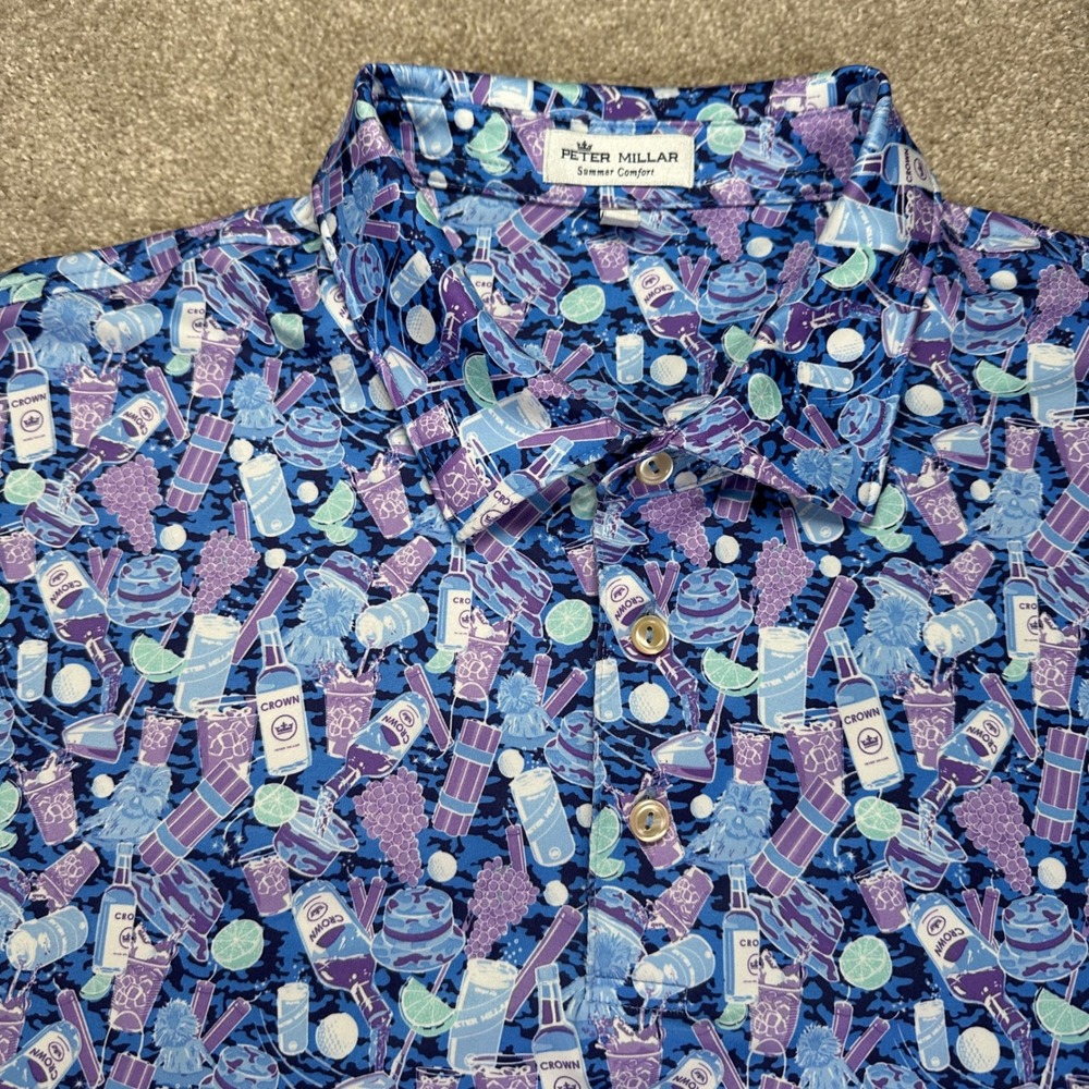 Peter Millar XL Polo Shirt Mens Blue Golf Vacation Cocktail Print Summer Comfort